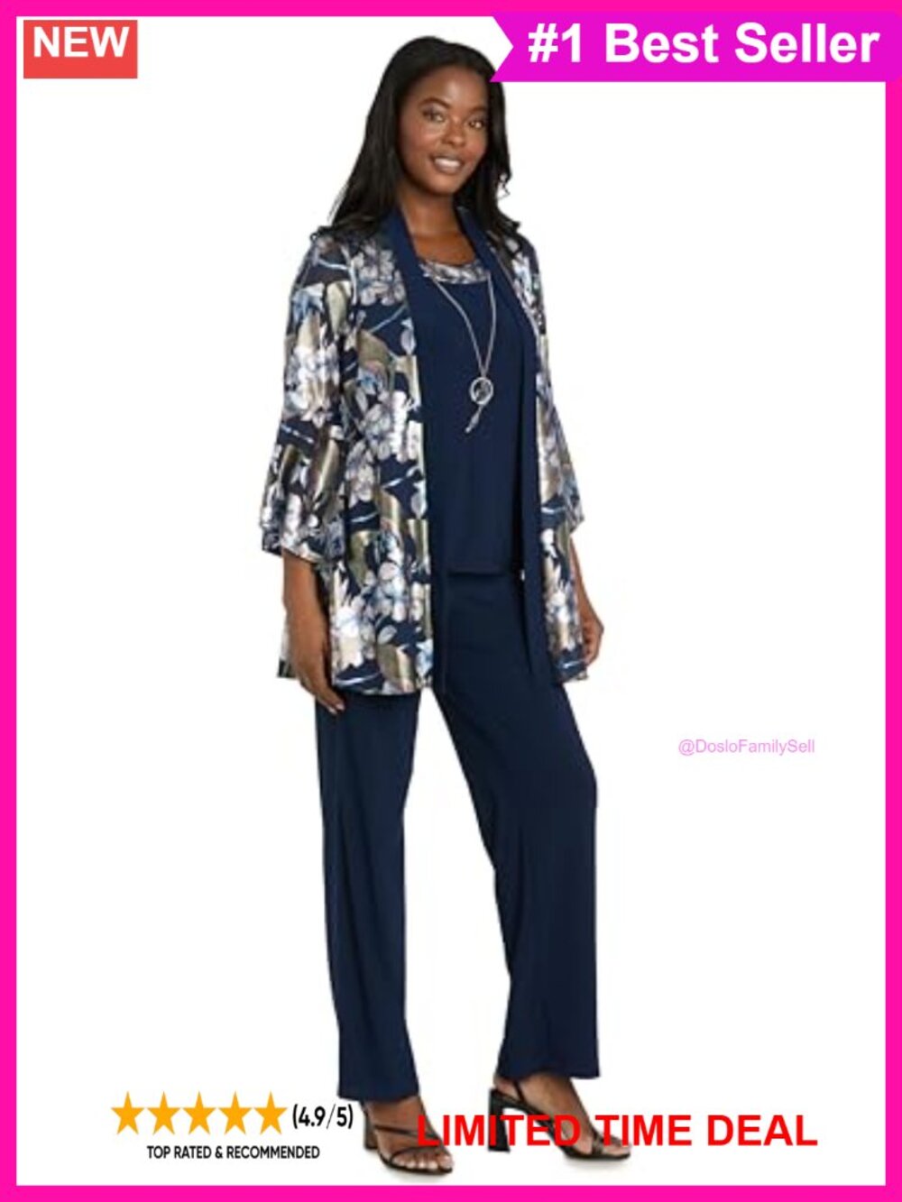 R&M Richards 2-Piece Pant Set Floral Foil Jacket & Pull-On Pants Formal
